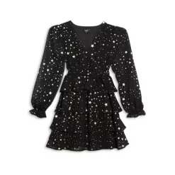 Discount ❤️ AQUA 🌟 Girls' Long Sleeve Metallic Star Dress, Big Kid - 100% Exclusive Navy/gold 👍