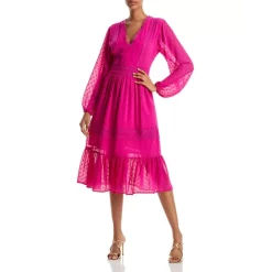 Outlet 👍 AQUA Swiss Dot V-Neck Midi 💯 Dress - 100% Exclusive Hot Pink ✔️