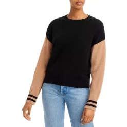 Best Sale 🥰 AQUA Color Block Stripe Cashmere Sweater - 100% Exclusive Black/camel 😀