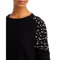 Best Pirce 🎁 AQUA Imitation Pearl Shoulder Crewneck Sweater - 100% Exclusive Black ⭐ -AQUA Elegant shop unnamed file 1282