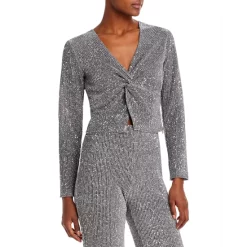 Deals ๐ AQUA Sequined Metallic Twist Front Crop Top - 100% Exclusive Silver โญ