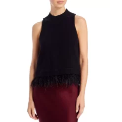 Coupon 🧨 AQUA Mock Neck Feather Trim Top - 100% Exclusive Black 😉