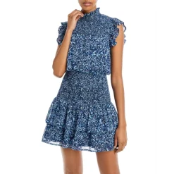 Hot Sale ๐ AQUA Smocked Metallic Floral Print Mini ๐ Dress - 100% Exclusive Blue Multi โจ