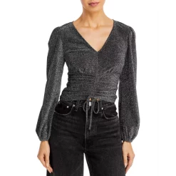 Promo โค๏ธ AQUA V Neck Ruched Tie Top - 100% Exclusive Black/silver ๐