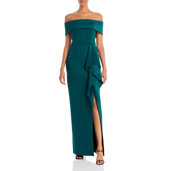 Outlet 👏 AQUA Off-the-Shoulder Cascade Gown - 100% Exclusive Hunter ✔️ 3 Outlet 👏 AQUA Off-the-Shoulder Cascade Gown - 100% Exclusive Hunter ✔️ - Image 3