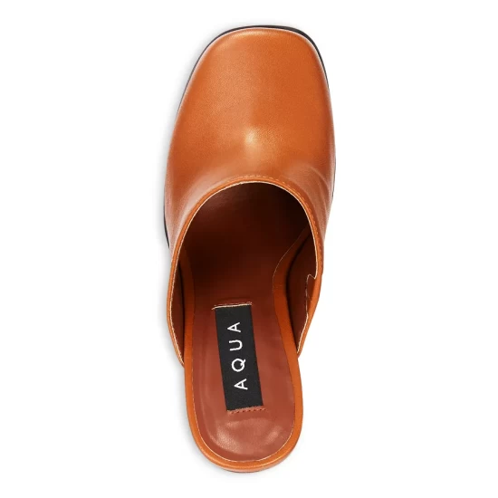 New 👍 AQUA 🎉 Women's Moda Square Toe High Heel Mules - 100% Exclusive Cognac Leather ❤️ 3 New 👍 AQUA 🎉 Women's Moda Square Toe High Heel Mules - 100% Exclusive Cognac Leather ❤️ - Image 3