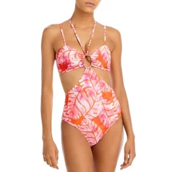 Best reviews of ✔️ AQUA Batik Leaf Print Cutout One Piece ❤️ Swimsuit - 100% Exclusive Orange/pink ✨