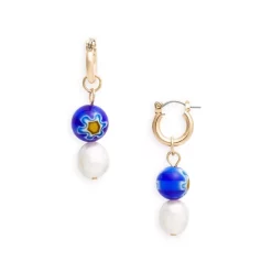 Cheap โค๏ธ AQUA Flower Painted Bead & Imitation Pearl Charm Hoop Earrings In 14K Gold Plated - 100% Exclusive Blue/gold ๐