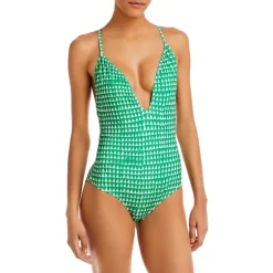 Cheap 👏 AQUA Triangle Print Plunge One Piece 🌟 Swimsuit - 100% Exclusive Green/white ✔️