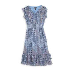 New 💯 AQUA Girls' Scarf Print Ruffle Midi Dress - Big Kid Navy 👍