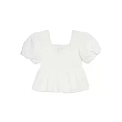 Promo 😉 AQUA ⌛ Girls' Eyelet Smocked Puff Sleeve Top, Big Kid - 100% Exclusive White ✨