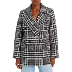 Outlet ⌛ AQUA Houndstooth Plaid Print Double Breasted 😉 Coat - 100% Exclusive Black/white 🔔