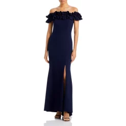 Cheap ๐ AQUA Ruffled Off The Shoulder Formal Dress - 100% Exclusive Navy ๐งจ