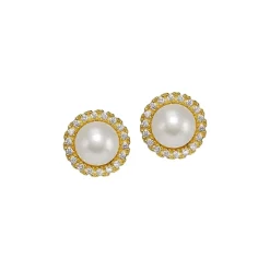 Coupon 🔥 AQUA Cultured Freshwater Pearl & Cubic Zirconia Halo Button Earrings - 100% Exclusive Gold/white 🔔