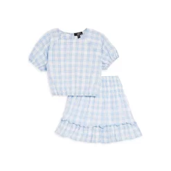Coupon โญ AQUA ๐ Girls' Plaid Puff Sleeve Top & Smocked Skirt, Big Kid - 100% Exclusive Blue/white/pink ๐