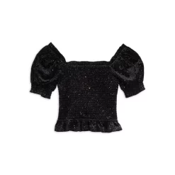 Outlet ⭐ AQUA 🤩 Girls' Sparkle Velvet Smocked Top - Big Kid Black ✨