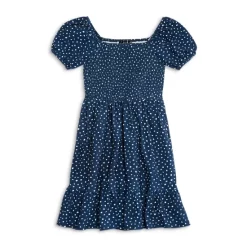 Best Sale ⌛ AQUA 🔔 Girls' Short Sleeve Smocked 🔔 Dress, Big Kid - 100% Exclusive Navy/white ⭐