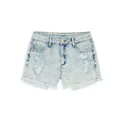 Budget ๐ AQUA Girls' High Rise Weekend Destructed Paint Splatter Denim Shorts, Big Kid - 100% Exclusive Light Indigo ๐