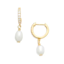 Hot Sale ✨ AQUA Cultured Freshwater Pearl Charm Pavé Huggie Hoop Earrings - 100% Exclusive Gold ✔️