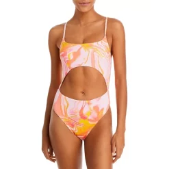 Deals 🔔 AQUA Swirl Print Cutout One Piece Swimsuit - 100% Exclusive Pink Multi ✔️