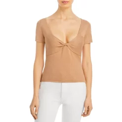Cheapest 😀 AQUA Twist Neck Short Sleeve Top - 100% Exclusive Light Camel 👏 -AQUA Elegant shop unnamed file 4897