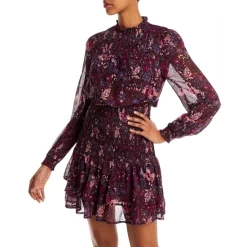 Wholesale ❤️ AQUA Floral Print Smocked Mini ❤️ Dress - 100% Exclusive Black/purple 🔥