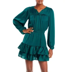Outlet 😍 AQUA Split Neck Tiered Mini Dress - 100% Exclusive Emerald 💯