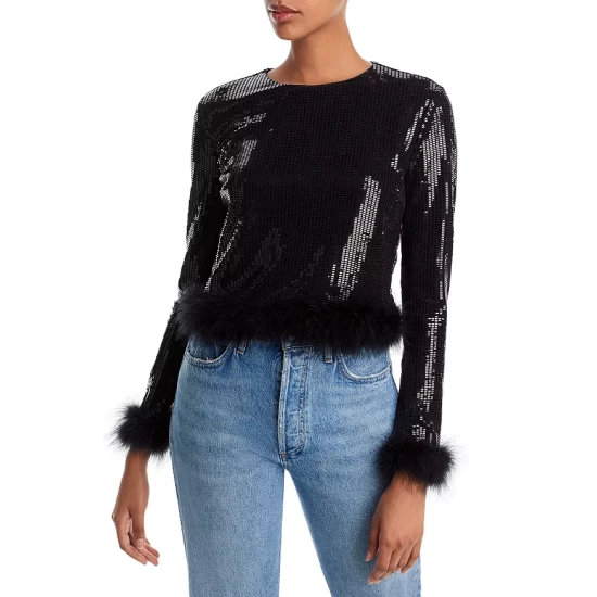 Cheap โค๏ธ AQUA Sequin Feather Embellished Top - 100% Exclusive Black ๐ 1 Cheap โค๏ธ AQUA Sequin Feather Embellished Top - 100% Exclusive Black ๐