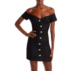 Wholesale 🤩 AQUA Metallic Boucle Off-the-Shoulder Mini Dress - 100% Exclusive Black 😍