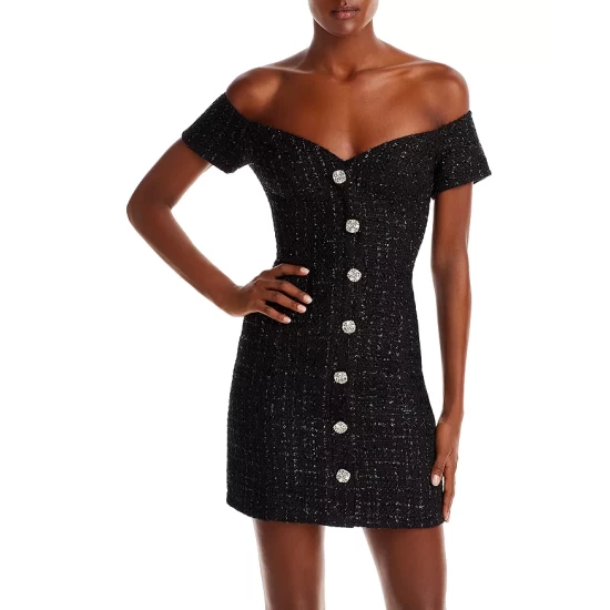 Wholesale 🤩 AQUA Metallic Boucle Off-the-Shoulder Mini Dress - 100% Exclusive Black 😍 1 Wholesale 🤩 AQUA Metallic Boucle Off-the-Shoulder Mini Dress - 100% Exclusive Black 😍